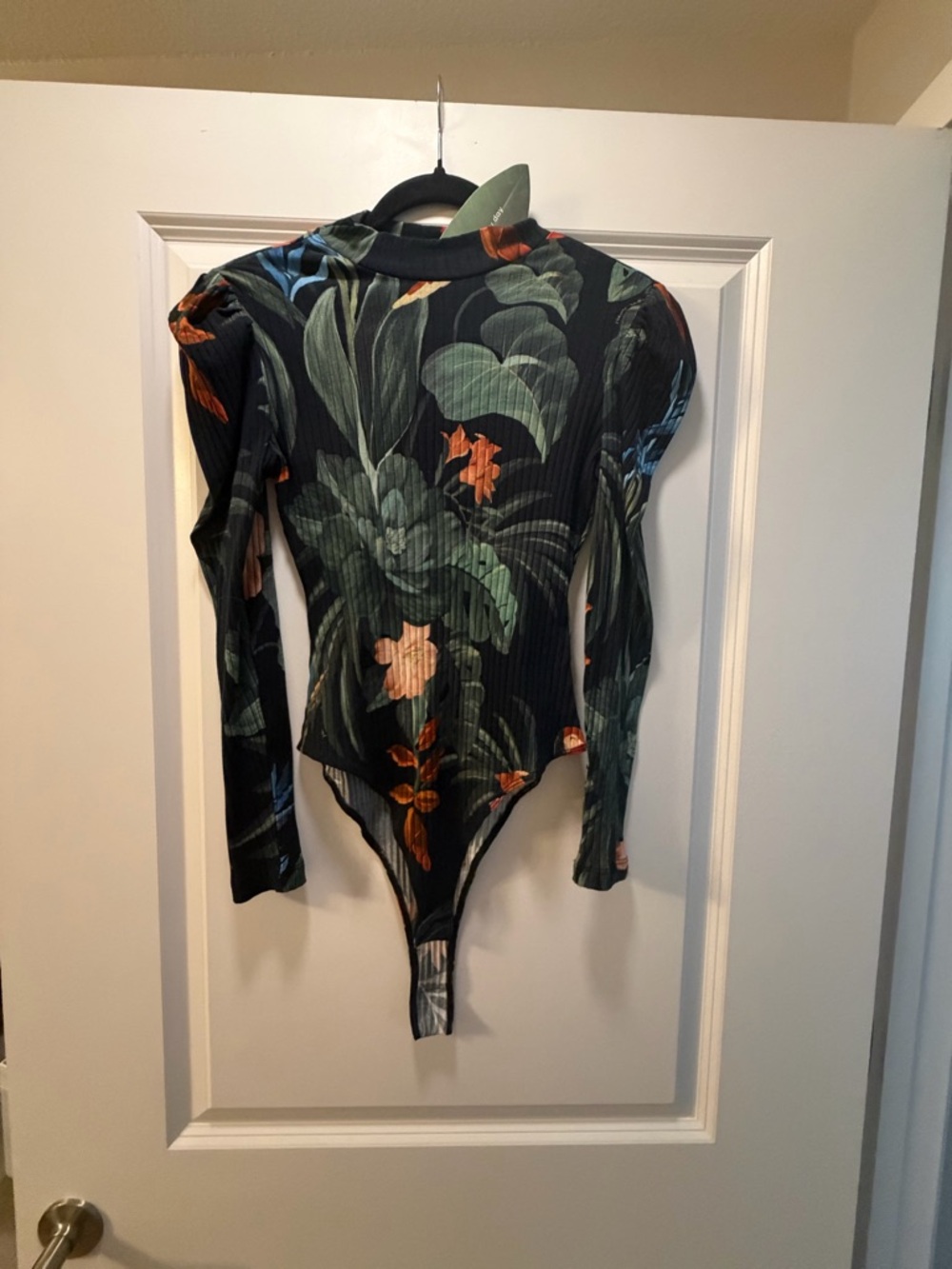 FARM Rio Black Ribbed Bodysuit with Green & Orange Floral Print